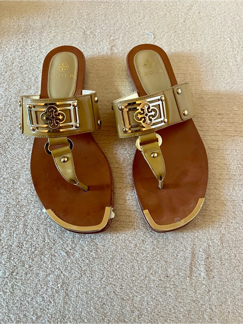 Isola Metallic Gold Leather Slide Sandals with Decorative Hardware